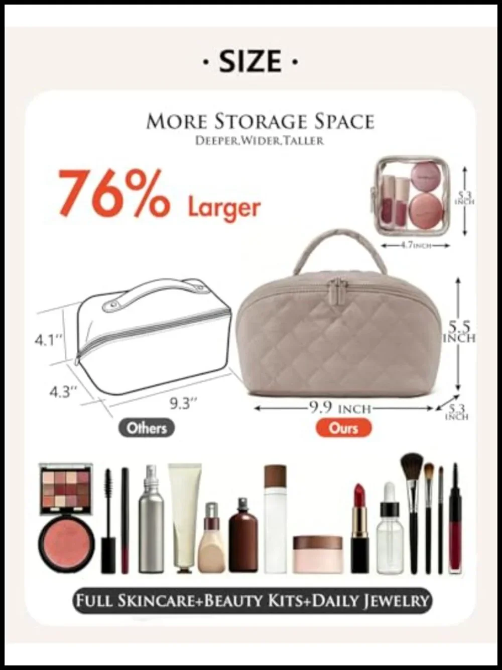 Quilted Cosmetic Bag 180° Lay-Flat Waterproof Travel Makeup Toiletry Organizer